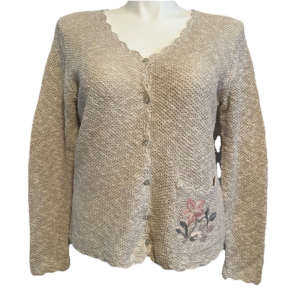 VTG Embroidered‎ Cardigan L Linen Blend Cottagecore Grannycore Neutral Pocket